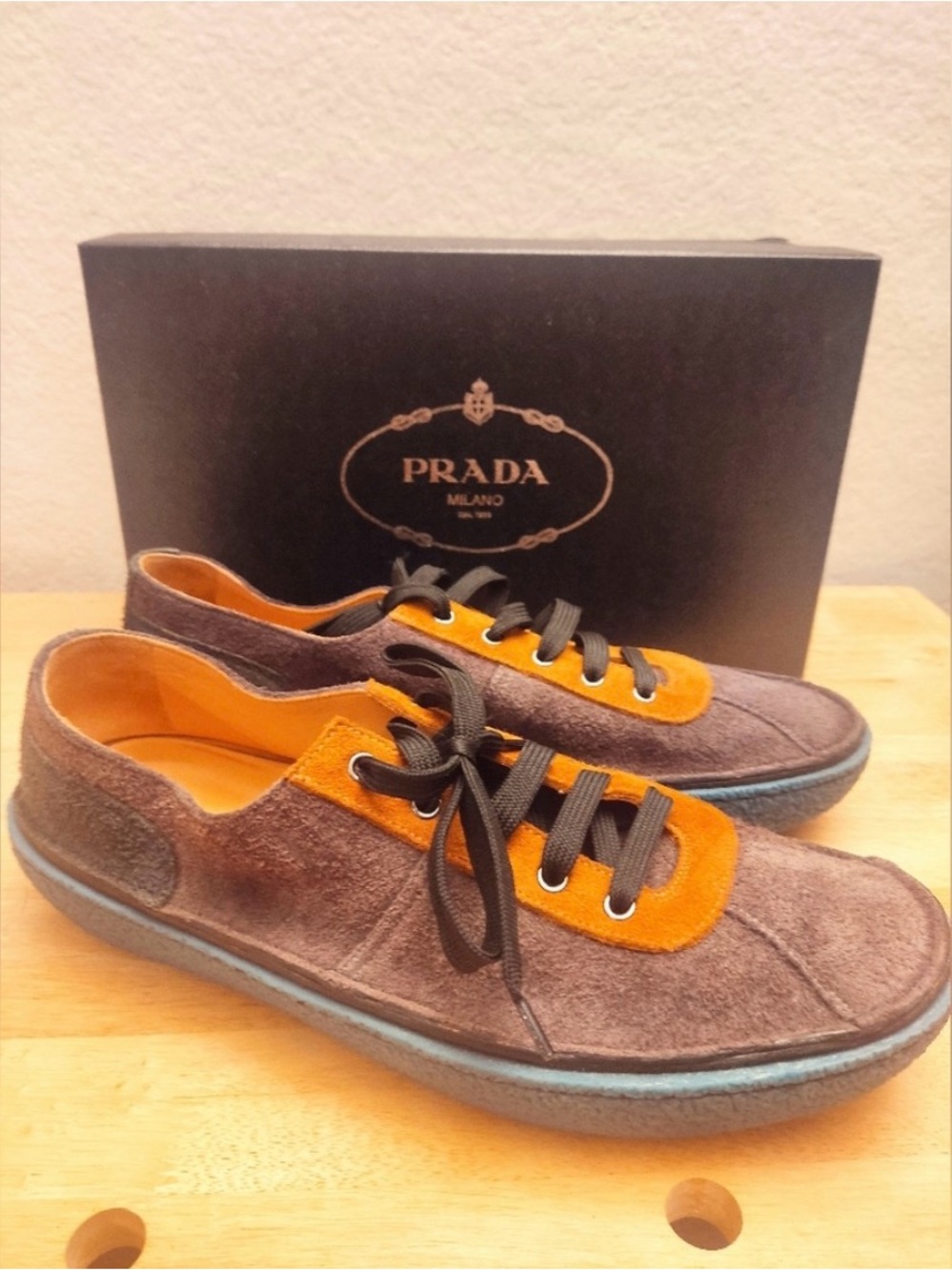 Prada Brown Suede Loafers with Orange Accents